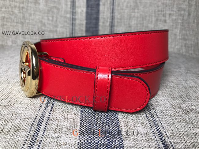 Upscale Gucci Red Leather Belt Double Sided Brass GG Buckle